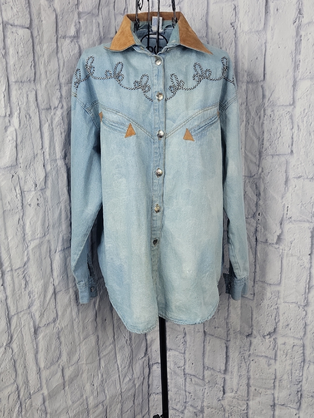 Vintage Western Denim Shirt Women's 14 Embroidered Detachable Collar Cowboy